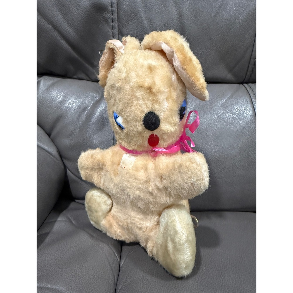 Vintage Musical Wind Up Bunny Rabbit Plush Tan Pink Ribbon‎ Blue Eyes 14 Inch